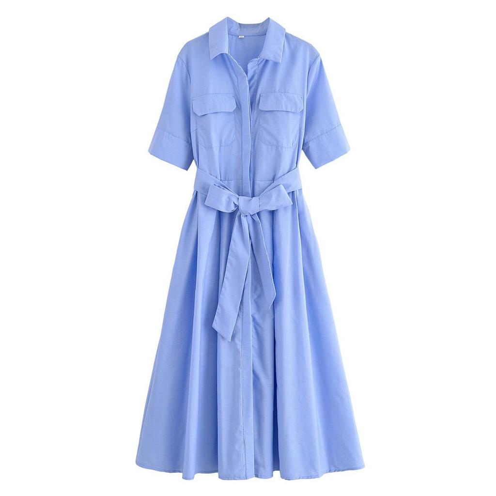 LYRIA Casual Striped Women Dress Lapel Single Breasted Short Sleeve Slim Waist Long Dresses New Lady Fashion Vacation Robe