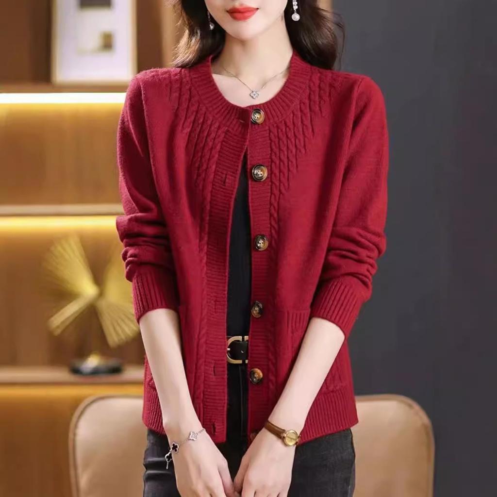 Kardigan s kulatým výstřihem a pleteným vzorem smažených koblih, dámský podzimní a zimní všestranný volný svetr s dlouhým rukávem