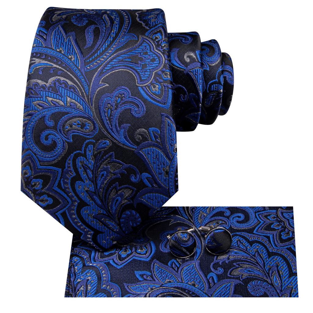 Hi-Tie Dunkelblau Blumen Jacquard Paisley Krawatte Set Herren Seide Krawatte Tasche Platz Manschettenknöpfe Party