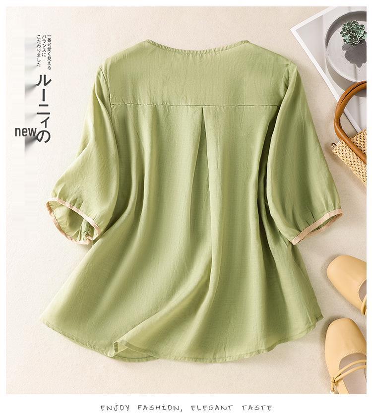2025 Women's Summer Cotton Linen Embroidered V-Neck Loose Retro Pullover Shirt