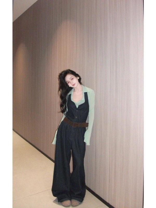

2026 Early Spring Korean Style Long Sleeve Shirt & Versatile Denim Overalls Wide Leg Pants Set for Women XL