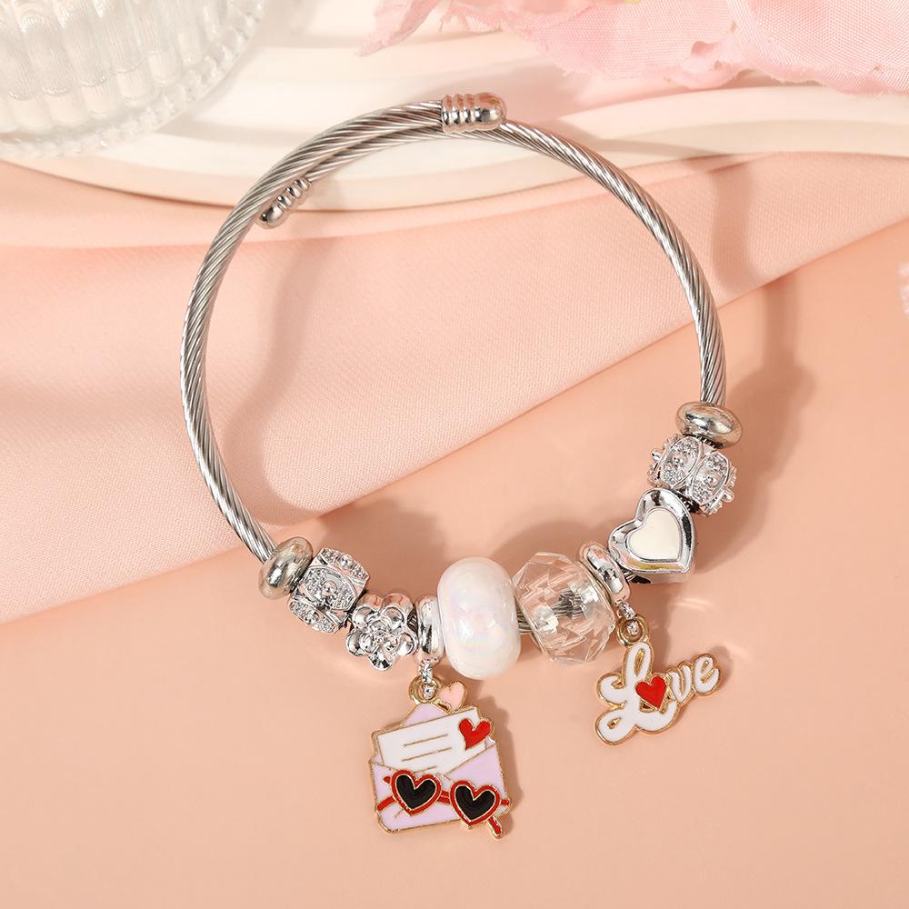 Cute Cartoon Bear Angel Heart Beaded Bracelet Stainless Steel Valentine Gift for Her Girlfriend Women