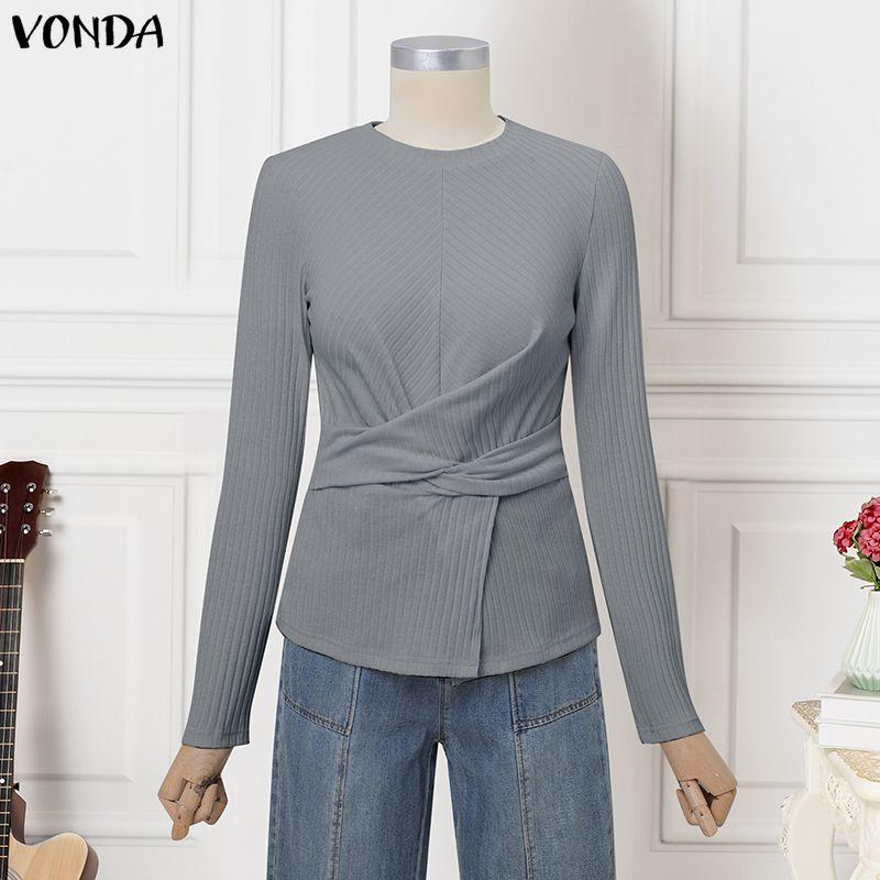 VONDA Women Casual Round Neck Long Sleeve Plain Front Cross Rib Blouse