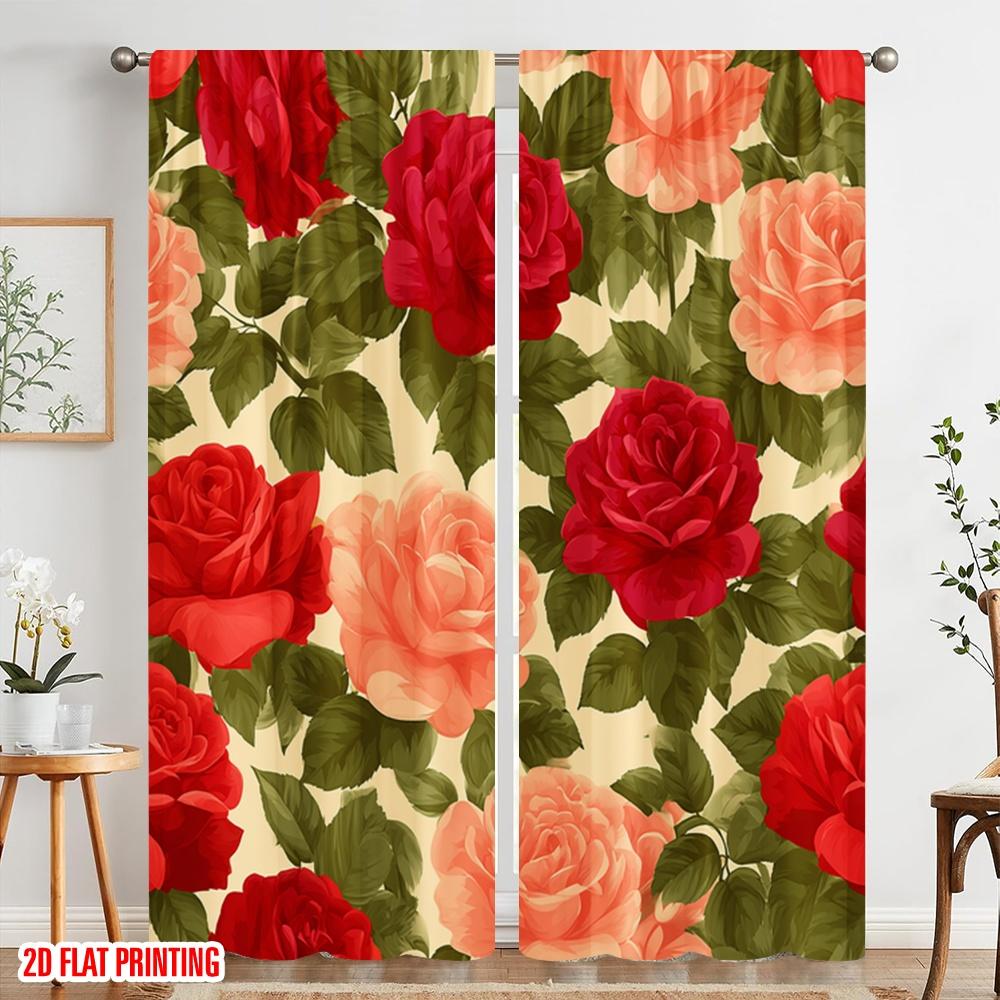 2 szt., drukowana tkanina zasłonowa 2D, czerwone i różowe róże, kwitnąca, wszechstronna, trwała, poliester (bez pręta) Świąteczny do Kuchni