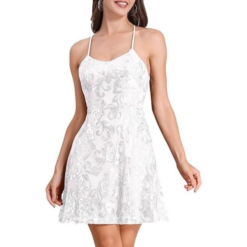Women Sequined Loose V Neck Sleeveless Strap Cocktail Party Dress