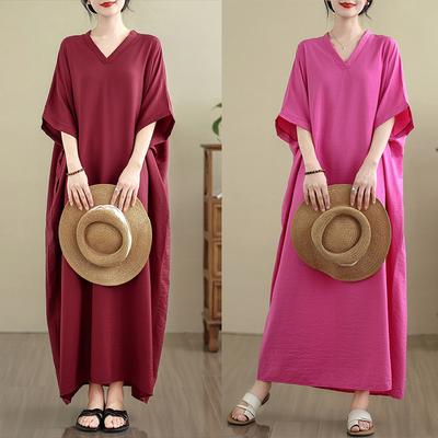 DIMANAF 2025 Women Plus Size Solid Summer Dress Short Sleeve Casual Basic New Dress Loose Long Dress