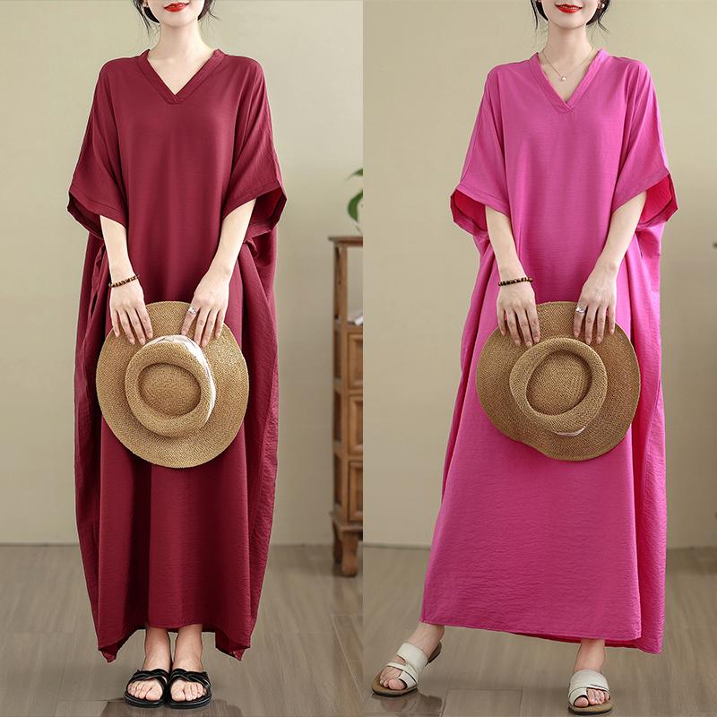 DIMANAF 2025 Women Plus Size Solid Summer Dress Short Sleeve Casual Basic New Dress Loose Long Dress