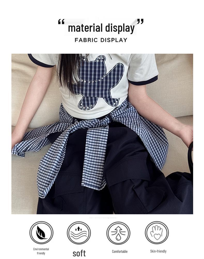 Korean Style Girls' Cartoon T-shirt & Cargo Plaid Bloomers Set - Trendy Summer Outfit