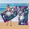 Großer Tiger in Blumen Strandtuch Super Saugfähig Schnelltrocknend Mikrofaser Bad & Sporttuch mit Blauäugigem Tiger & Lila Blumen