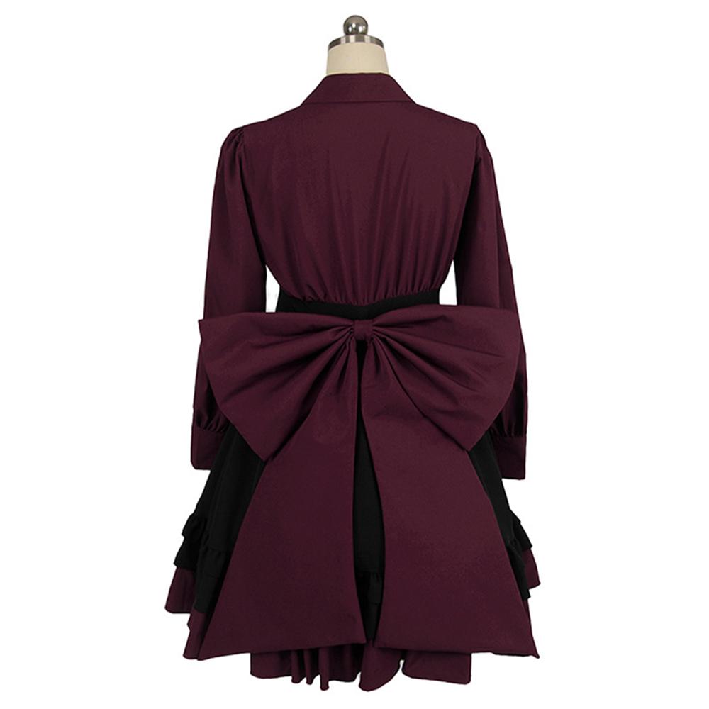 Long Sleeves Polyester Ruffle Dress with Bows, Women's Black and Red Gothic Dress for Women
