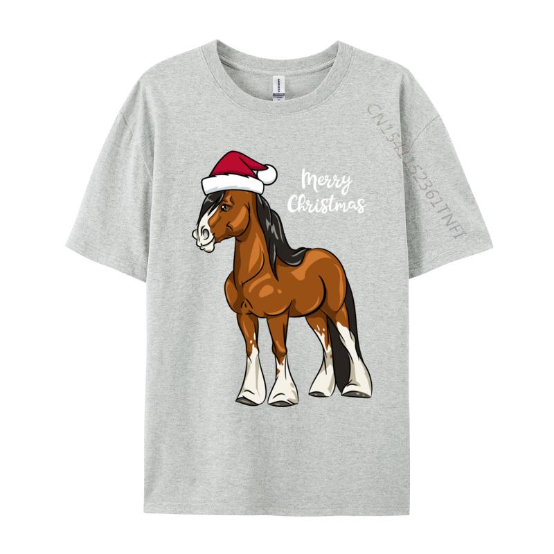 Cute Cartoon Clydesdale Draft Horse Christmas T-Shirt Men Crew Neck Camisas Men Printed Tops Tee Pure Cotton