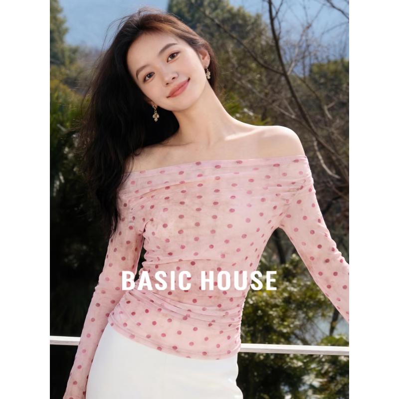 Basic House Off-Shoulder Polka Dot Long Sleeve T-Shirt M