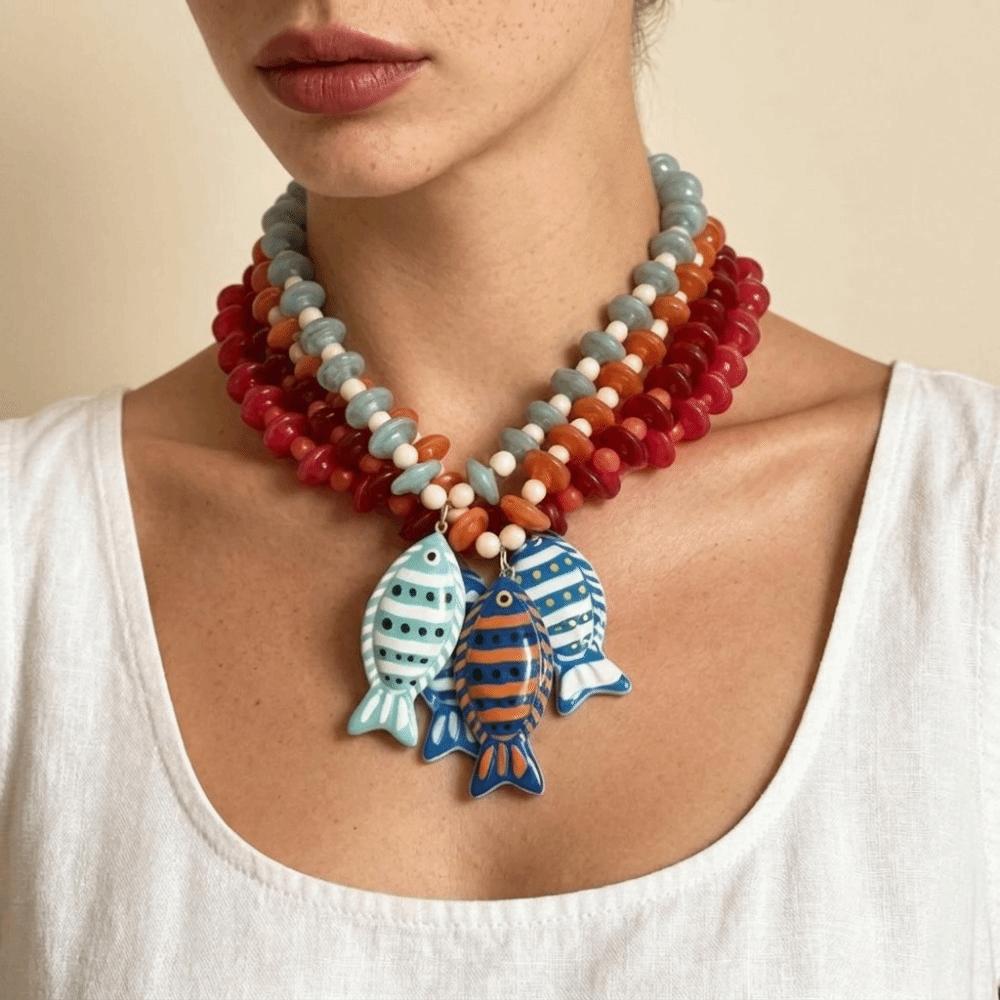 Starfish Shell Charm Fish Starfish Pendant Necklace Colorful Beads Boho Necklace  Jewelry Gifts