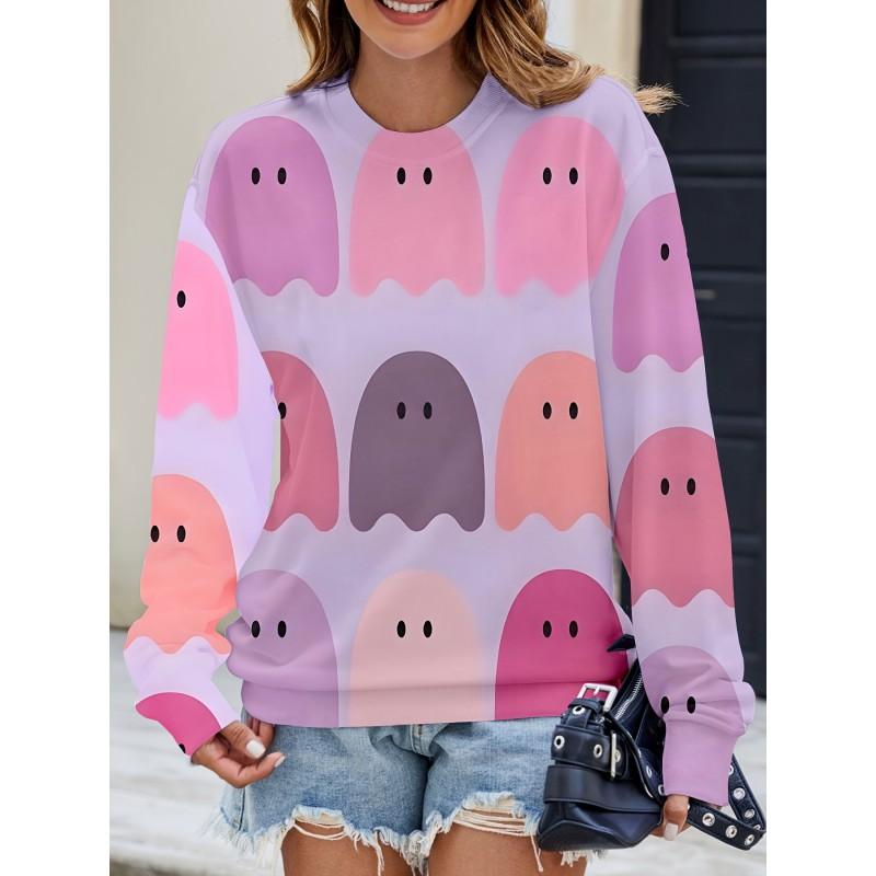 Womens Casual Hoodie With 3D Halloween Print Round Neck Lightweight Breathable Fabric
