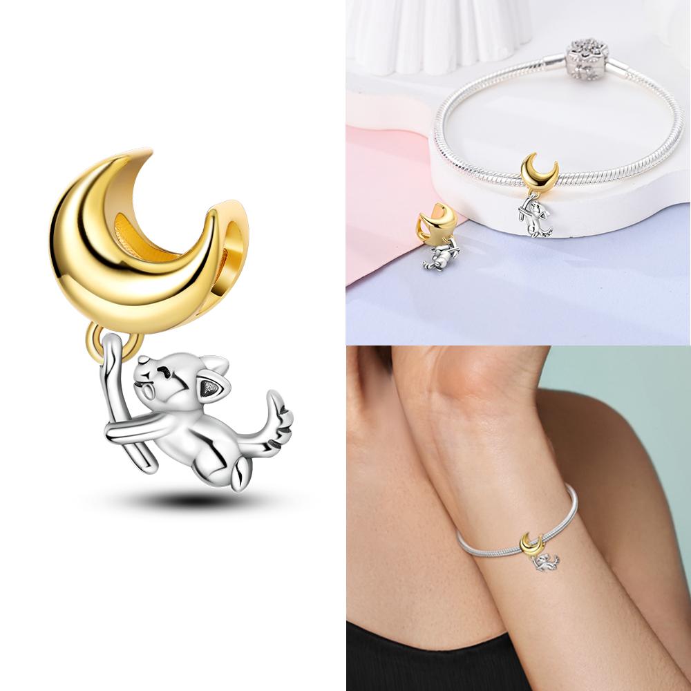 Classic Charms Original Copper Yellow Heart Moon Zircon Cat Beads Fit Bracelet Women Jewelry Diy Fine Gifts Accessories