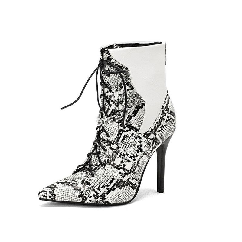 Sexy Women Boots Pointed Toe Winter PU Leather Stilettos Boots Snakeskin Print Lace Up Women Pumps Shoes Thin Heels WSH4727