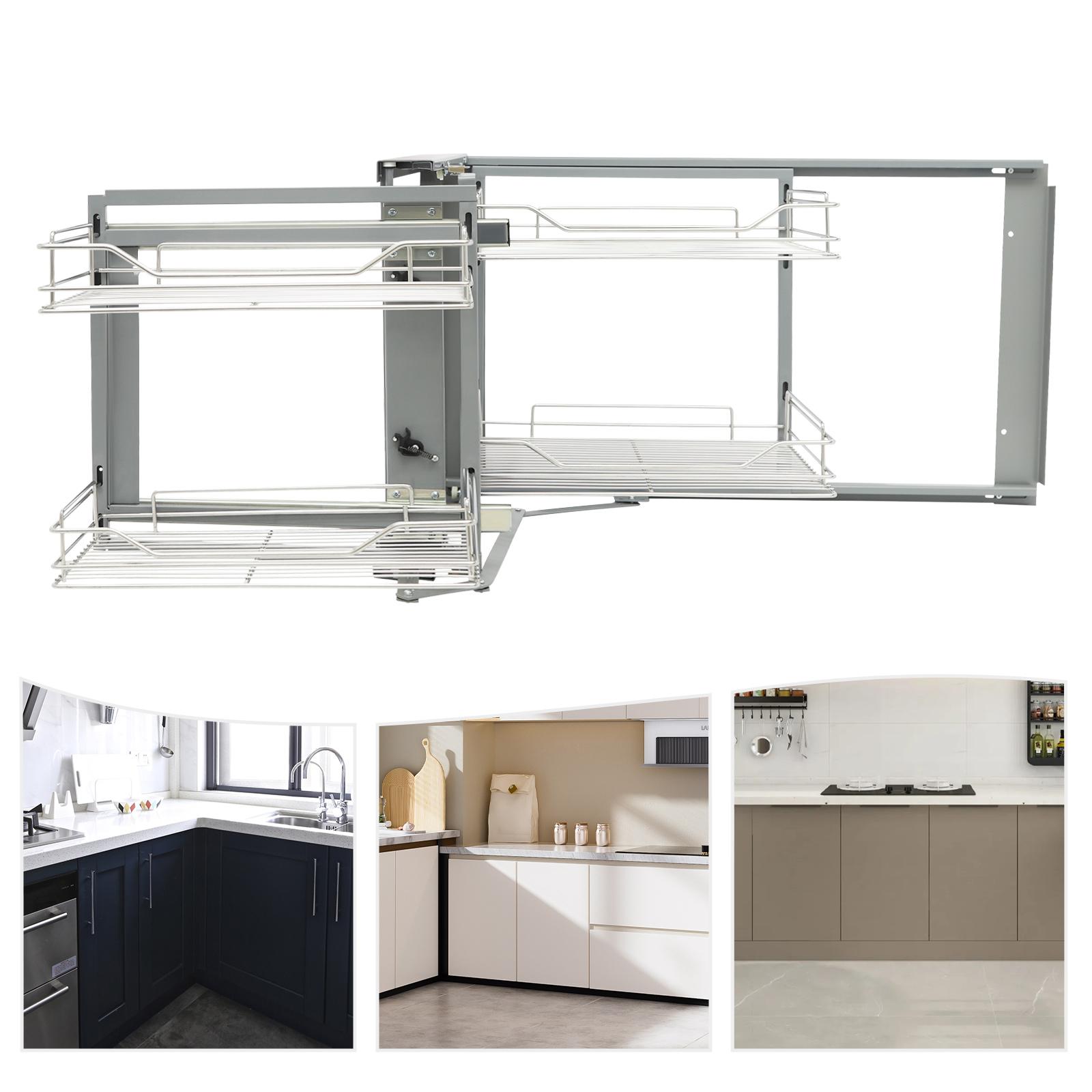 Stainless Steel Pull-out Cabinet Organizer,Grey Silver Rectang 4 Baskets 2 Tiers Cabinet Mount 89.5*46*52.5cm for Homes