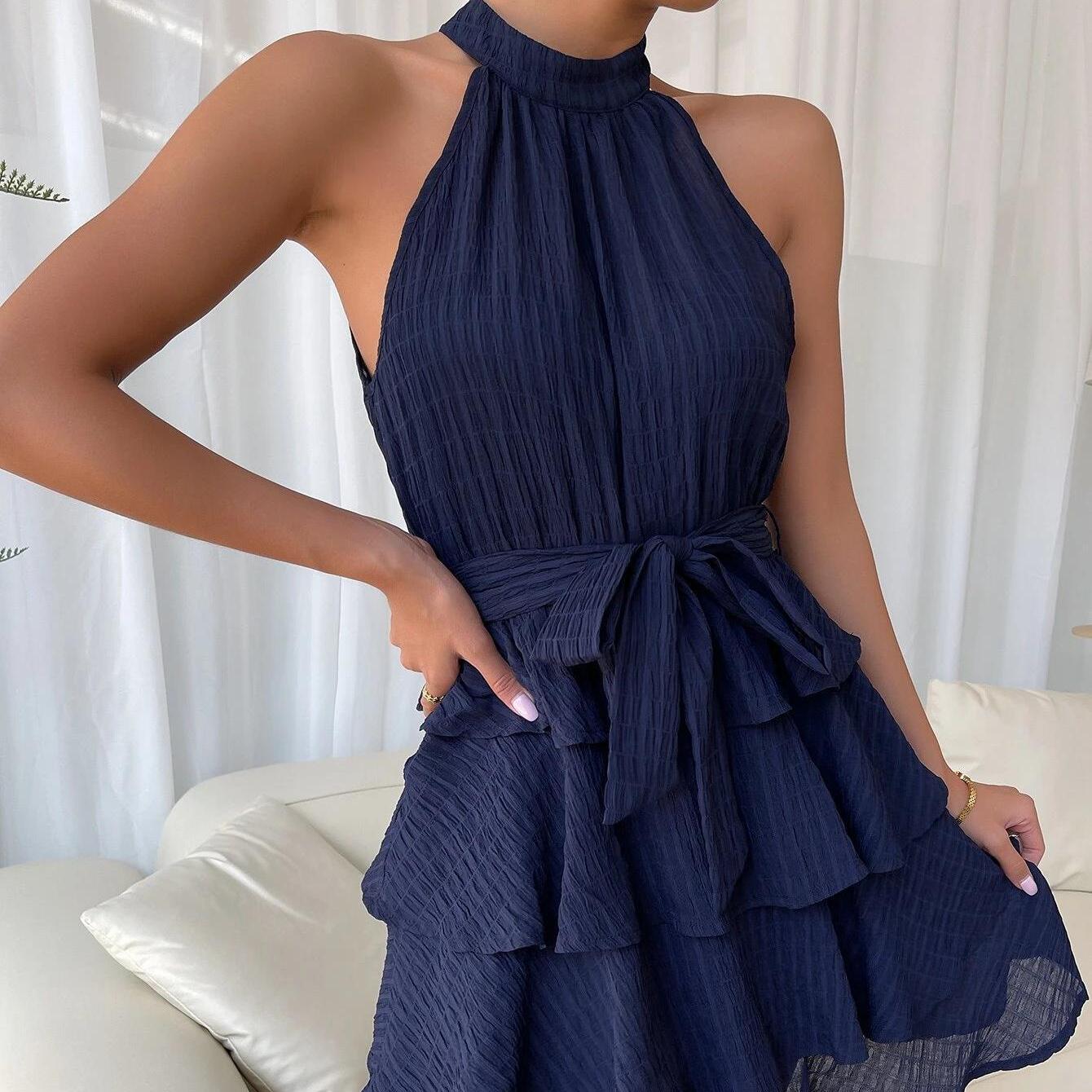 

YYFS женские модные летние весенние однотонные повседневные платья без рукавов со средней талией и принтом S синий