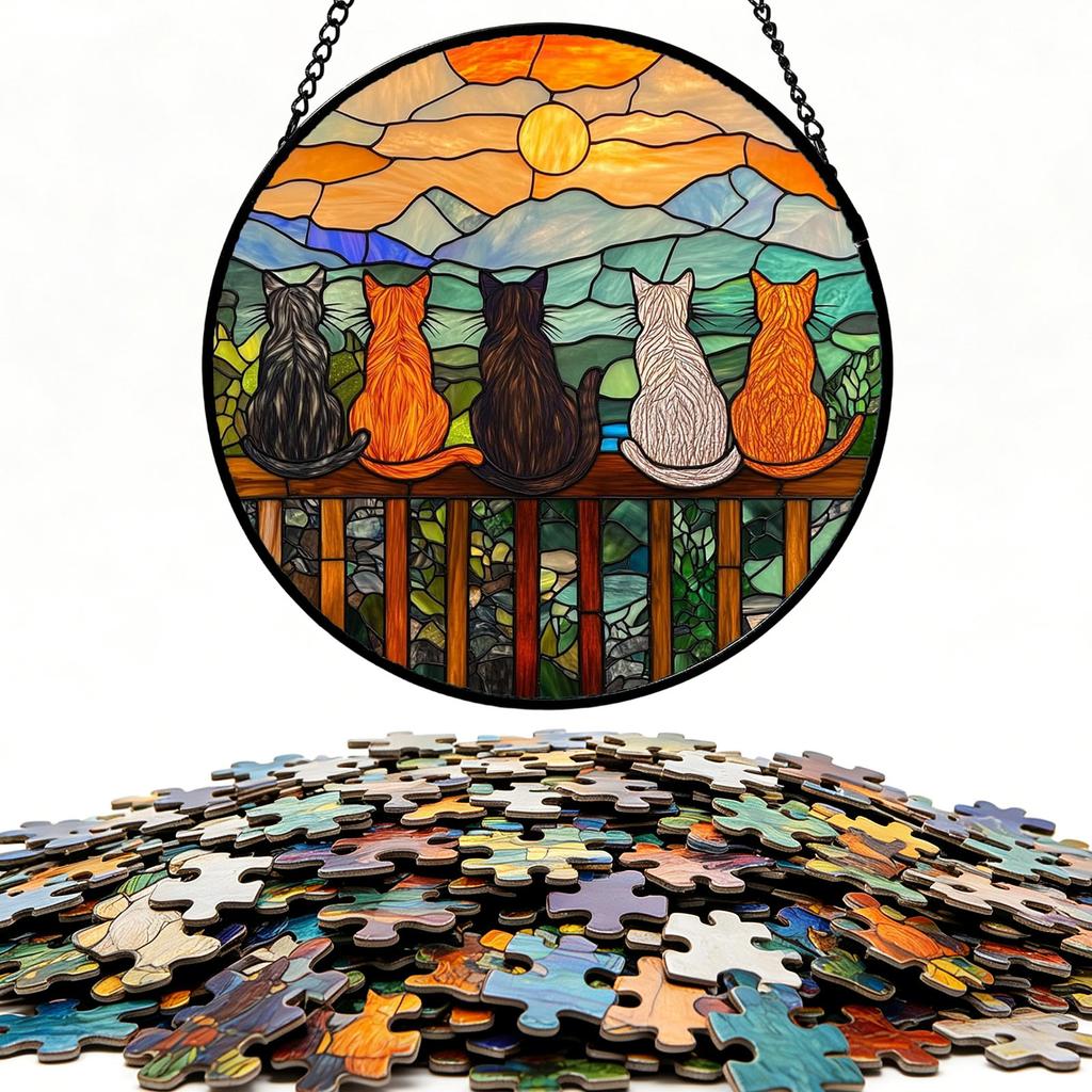 Stained Glass Window Hanging Puzzle Ornament for Garden Kitchen Sunroom Home Decor with Intricate Design and Lightweight Construction