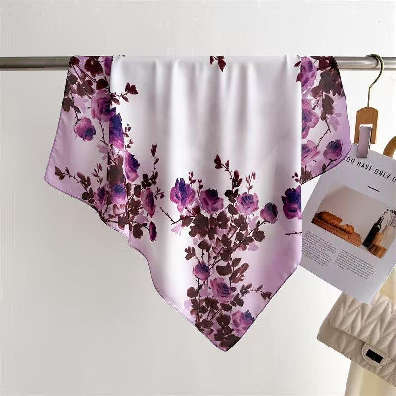

68cm Purple Rose Printed Scarf Women New Spring Summer Imitation Silk Scarf High-end Versatile Shawl Sun Protection Headscarf