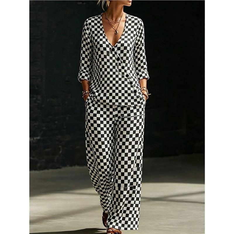Summer new pink flamingo print V-neck diagonal shirt wide-leg pants two-piece set women's casual suit