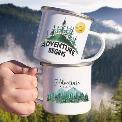 Abenteuer beginnt Berg bedruckt Emaille Kreative Kaffee Wasser Tassen Campingbecher Henkel Trinkgeschirr Lagerfeuer Party Becher Idee Geschenke