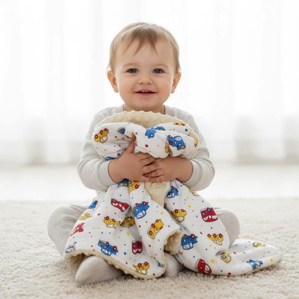Blanket, plaid, throw, MINKY 75x100 (cream + small cars)