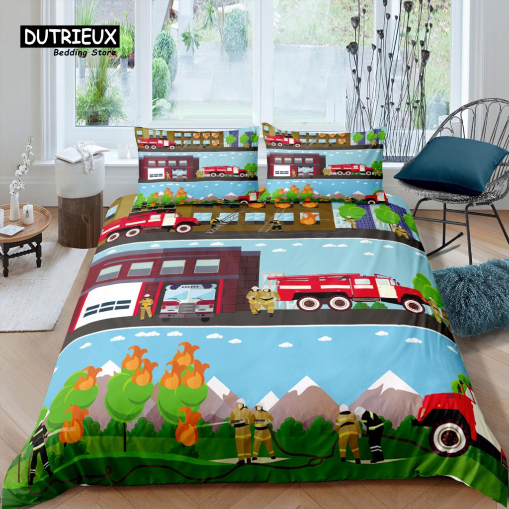 Home Living Luxury 3D Fire Truck Bedding Set Kids Duvet Cover Pillowcase Firemen Bedding Set Queen and King EU/US/AU/UK Size