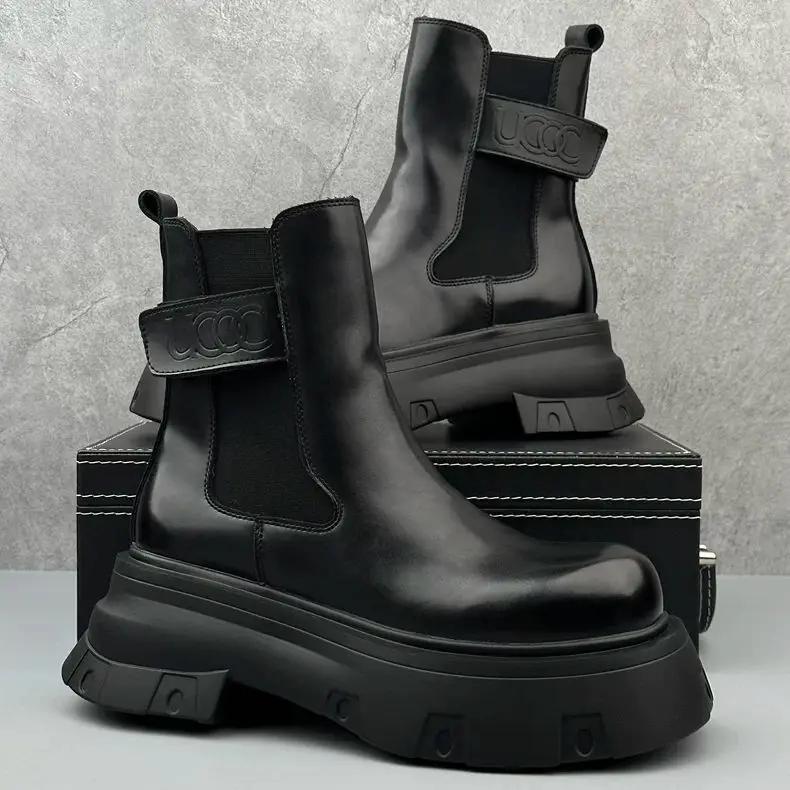 Botas Chelsea de Hombre de Otoño e Invierno Negras de Caña Media con Suela Gruesa y Plataforma, Botas de Cuero Avanzadas Cortas de Caña Alta