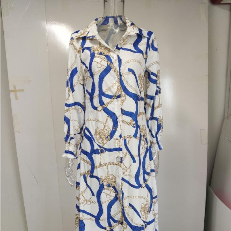Women's Printed Shirt Dress Long Sleeve Single Breasted Split Hem Maxi Dress For Daily Wear Travel Casual Loose Fit With Button Front