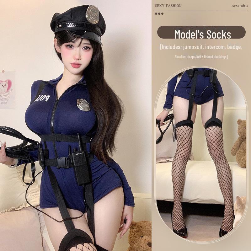 Women's Sexy Nightclub Motorcycle Police Cosplay Lingerie with Double Zipper & Open Crotch Design