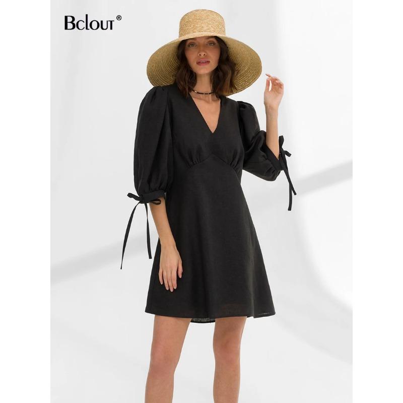 Летнее платье женское элегантное с V-образным вырезом и рукавами-фонариками на шнуровке — фото 19