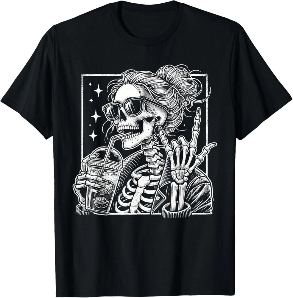 Coffee Messy Bun Hair Skeleton Mom Halloween Womens Girls T-Shirt