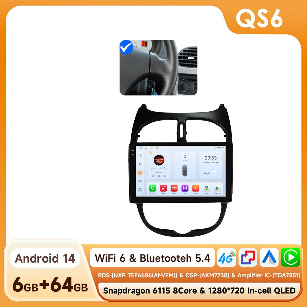 OSSURET Snapdragon 6115 Car Radio Autoradio for PEUGEOT 206 206SW 206CC 2001 - 2008 Carplay Android Auto Multimedia GPS 360 Cam Stereo