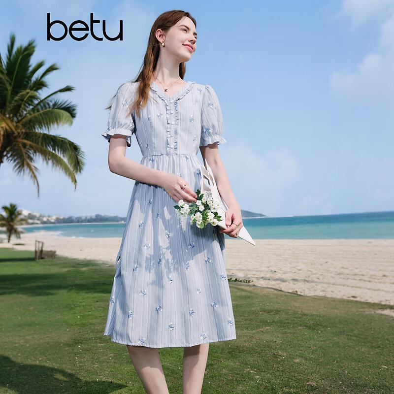 

BETU Women s Striped Embroidered Short-Sleeve Dress M