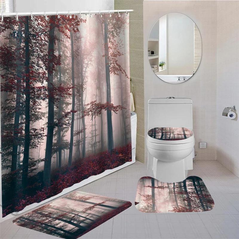 Forest Bathroom Shower Curtain Set Waterproof Bath Curtain Sets Toilet Cover Non-Slip Mat Rug Carpet Set Home Decor Accessories