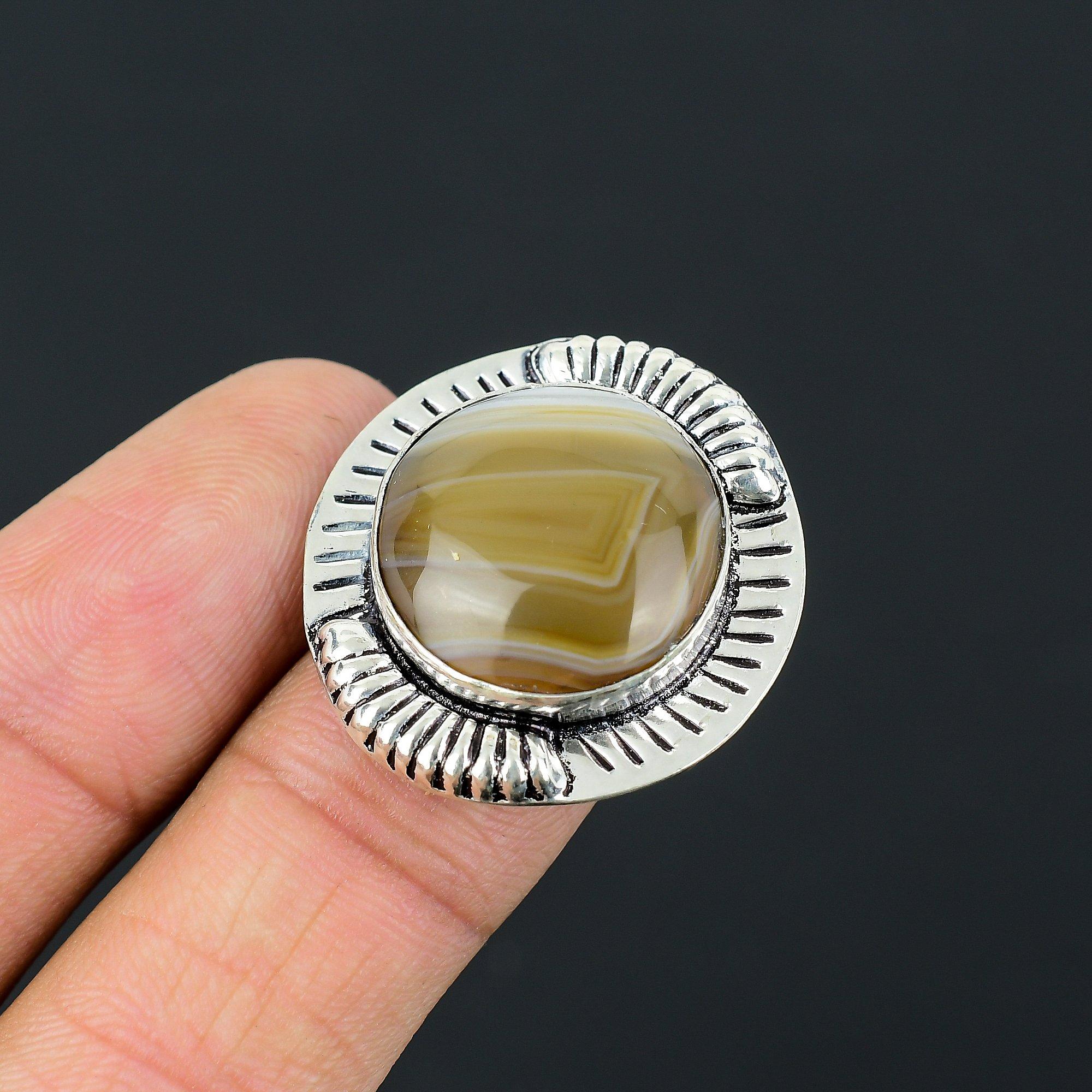 Round Natural Botswana Agate Stackable Handcrafted Ring Size 9.5 Sterling Silver 9.5