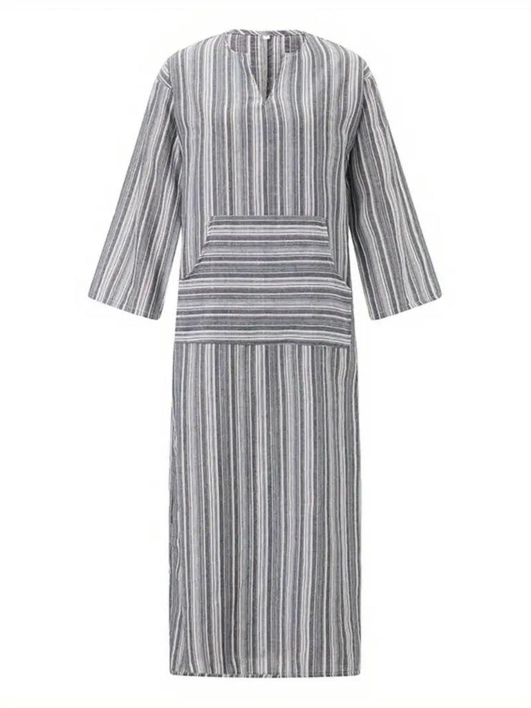 Women's European/American Cotton Linen Striped Pocket Dress