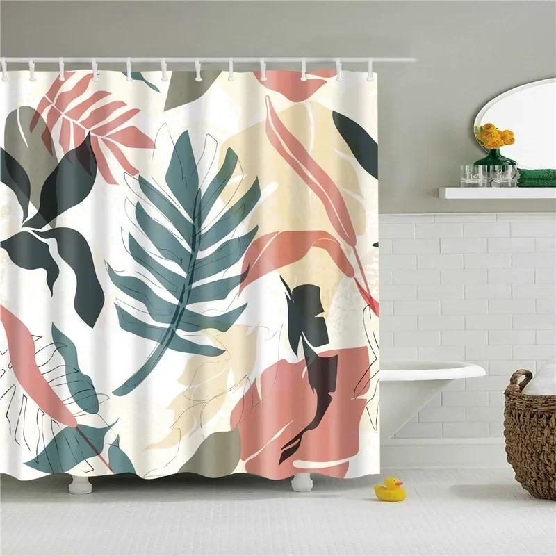 Tropical Green Plant Palm Leaves Bathroom Accessories Set Shower Curtain Bathroom Curtains Waterproof Polyester with Hooks