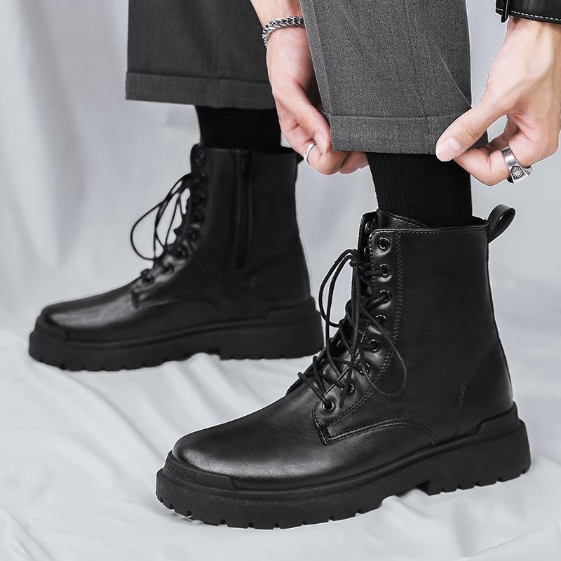 Martin Boots Men's High Top Men's Boots Large Size Medium Top Leather Shoes Black High Street Tooling Chelsea Short Boots Autumn