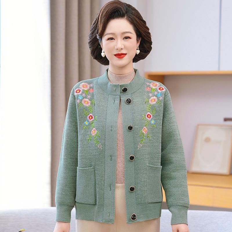 Autumn and Winter Knitwear: Fleece-Lined Cardigan for Middle-Aged and Elderly Women, Featuring Grandma Sweater and Mom's Outfit Styles.