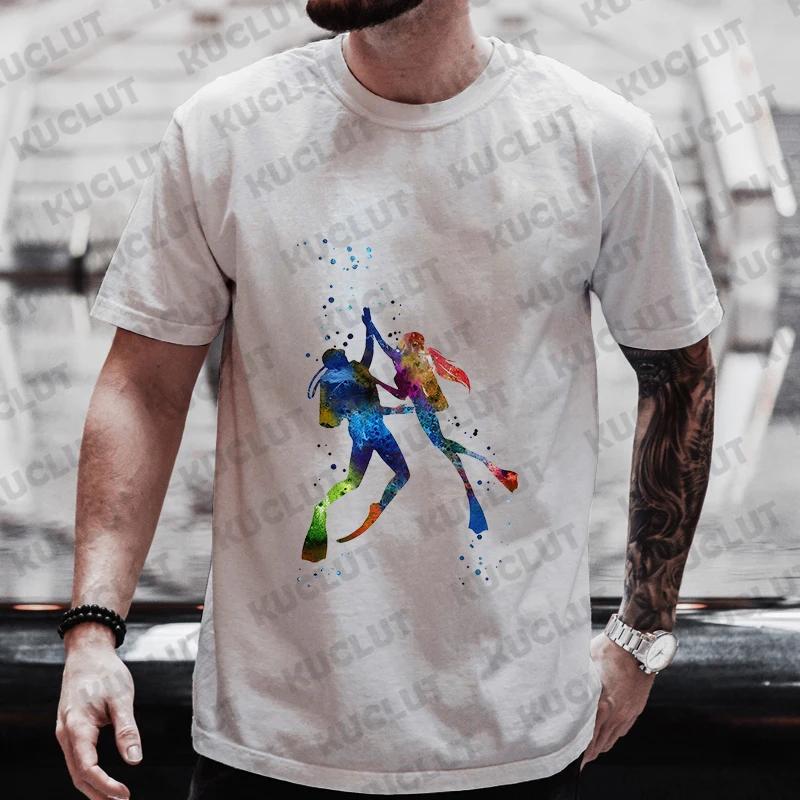 Summer Streetwear Scuba Diver Watercolor Diving Print Men's Brand T-shirts Scuba Diver Design Tops Breathable Men Women Tshirts