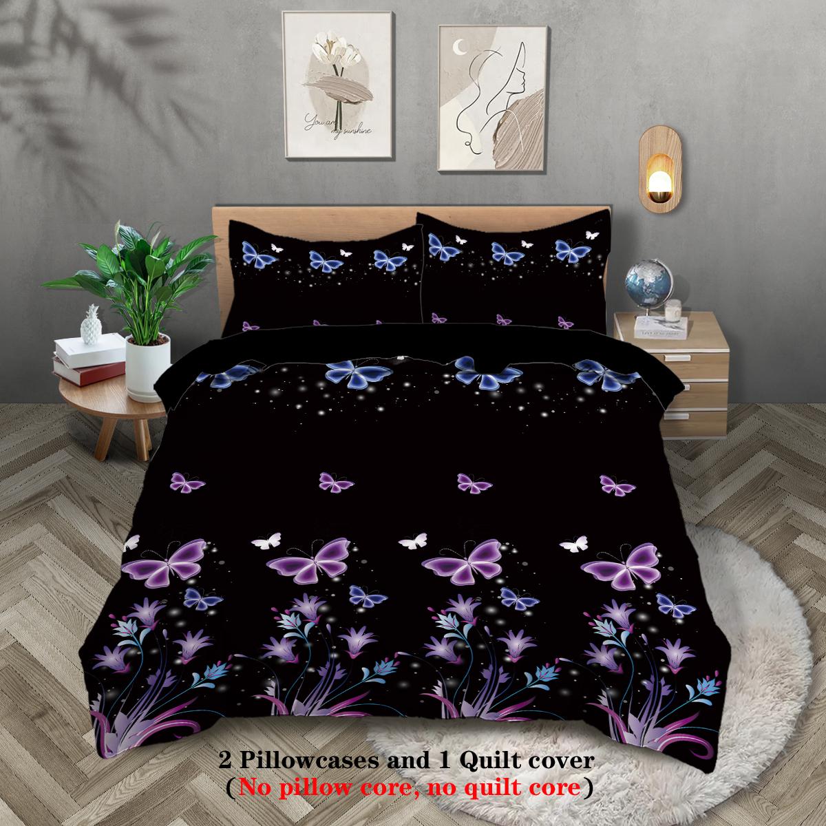 

3pcs purple butterfly pattern printed bedding set, suitable for women bedroom, queen, king, twin bed, 1*duvet cover+2*pillowcase 135x200cm-EU-Single