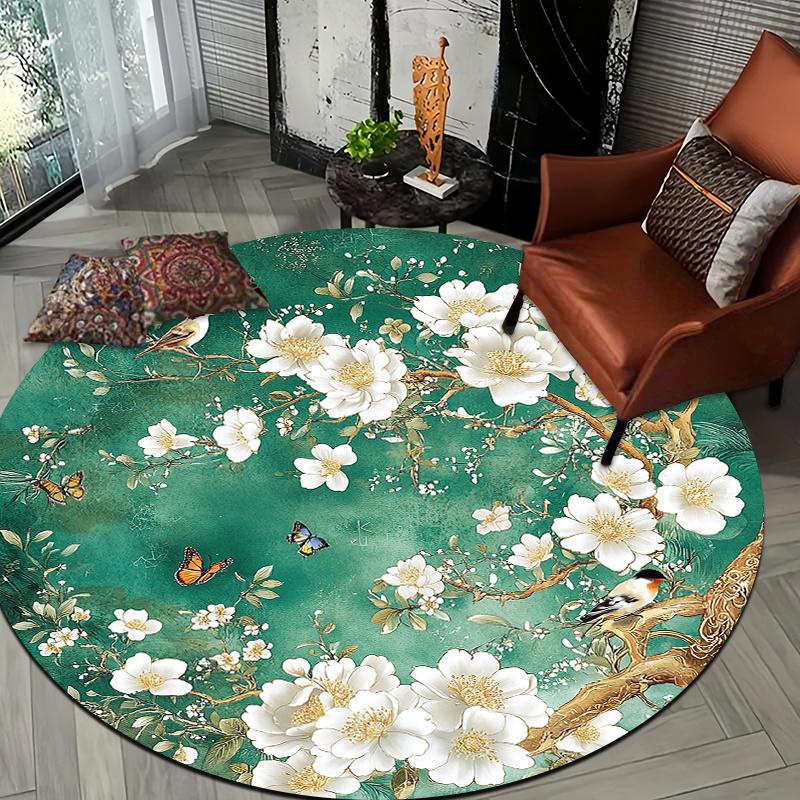 Graceful white flowers & birds Flannel-printed round floor mats are slip-resistant Suitable living room terrace garden carpets