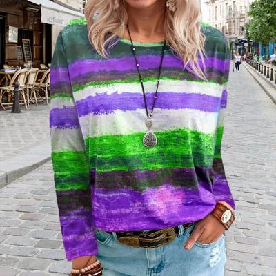 Tops For Women 3D Bandhnu Stripe Print Round Neck Long Sleeve T-shirt Fall Casual Slim Pullover Women's Long Sleeve Top