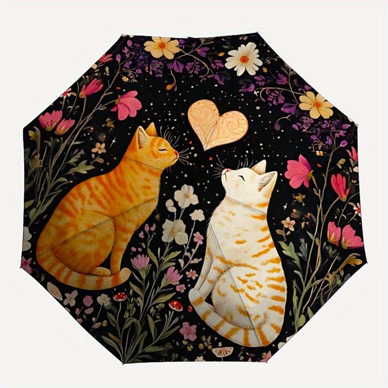 

1pc Cats Flowers Automatic Umbrella Auto Open/Close Folding Umbrella with 8 Rib Frame, 3 Fold Compact Umbrella for Men & Women, 117