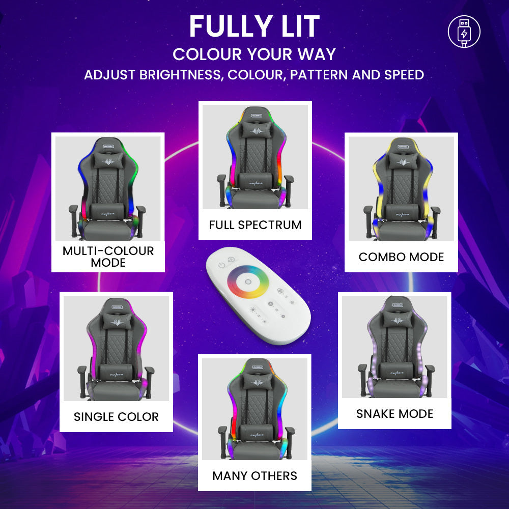 Office Chairs Overdrive Gaming Chair With Bluetooth Speakers Rgb Led Lights Reclining Game Armchair Grey