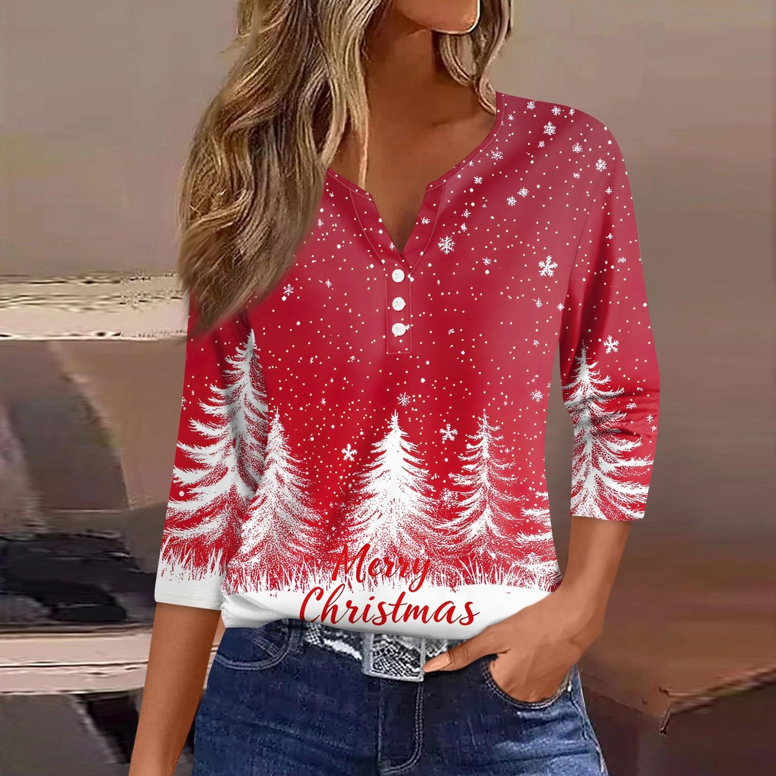 

Жіноча футболка з різдвяним принтом і ґудзиками з рукавами 3/4, щоденна мода на вихідні, базовий V-подібний виріз, звичайний топ S червоний