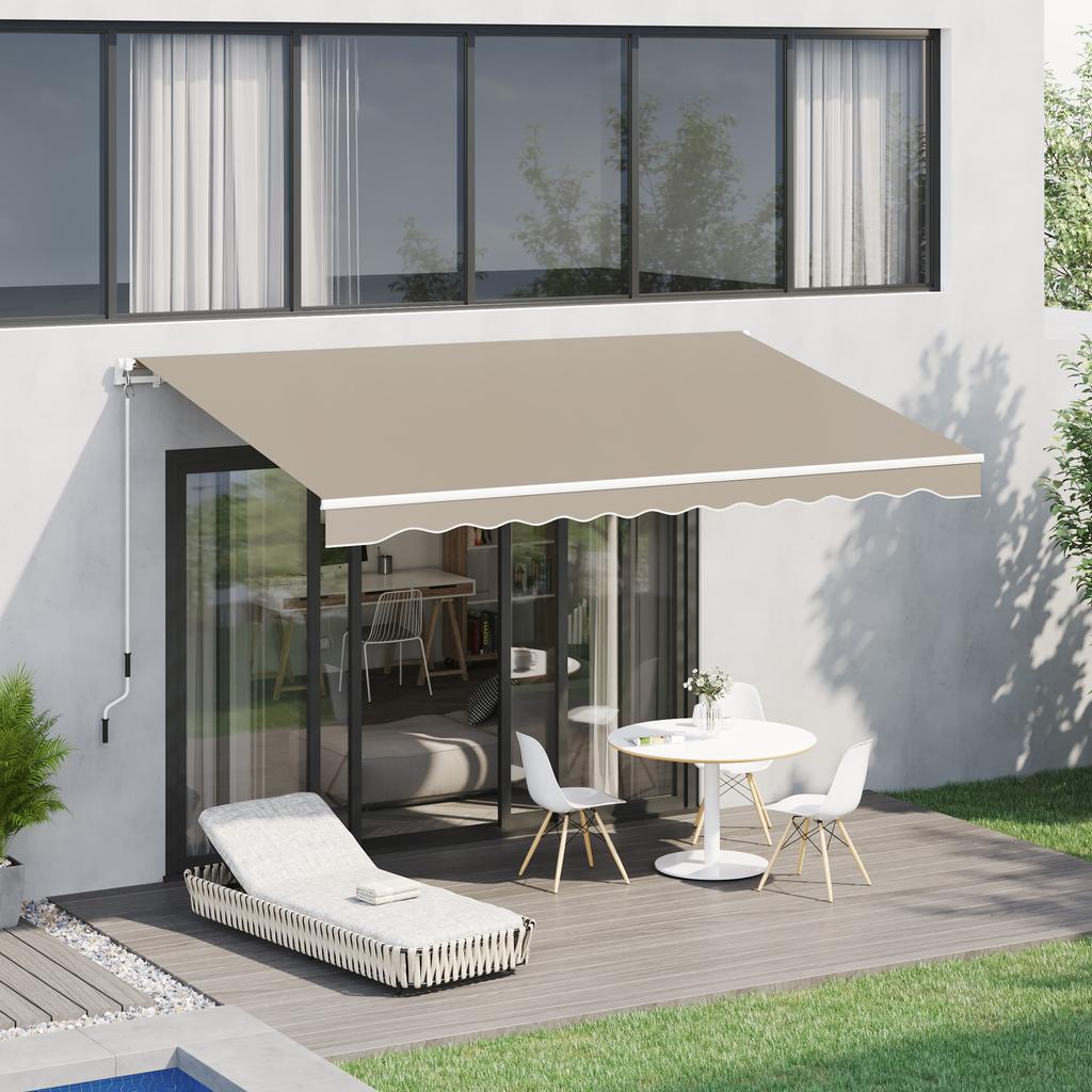 Awnings Sun Protection Retractable With Hand Crank Metal Frame Polyester White And Beige 3.95 X 2.45 M