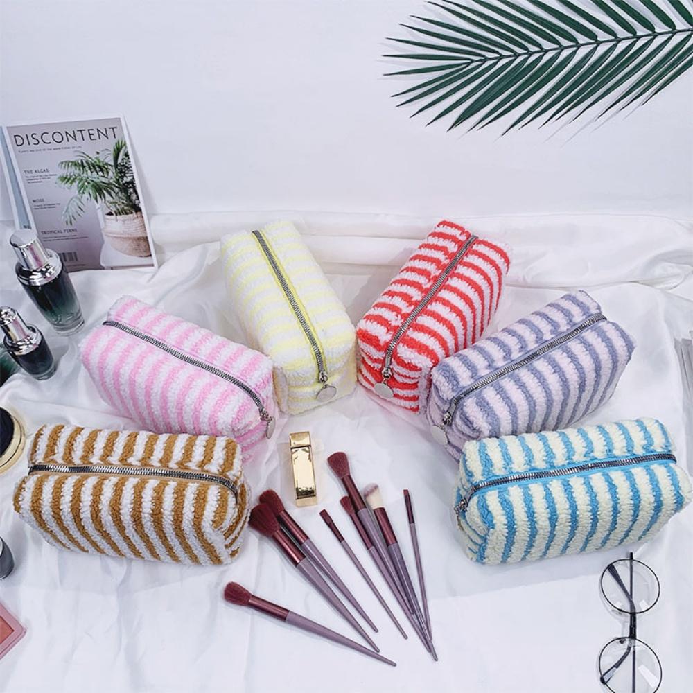 Winter Travel Cosmetic Bag For Men Women Soft Makeup Bag Stripe Beauty Toiletry Bag Makeup Brush Lipstick Storage Organizer